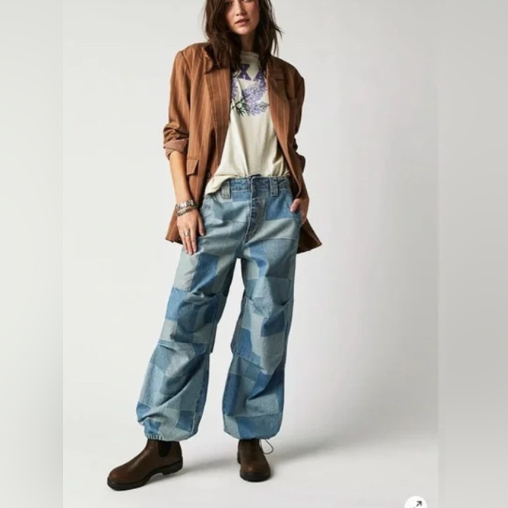 Wide Leg Patchwork Blue Denim Jeans - Women